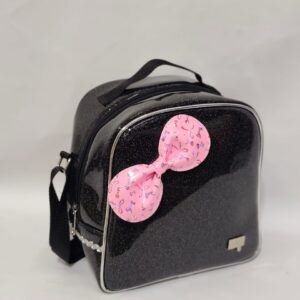 Lonchera XL Escarcha Negro Lazo Rosado
