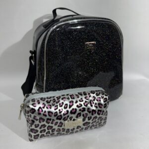 Kit Lonchera Grande XL Negra Escarcha y Print Plata